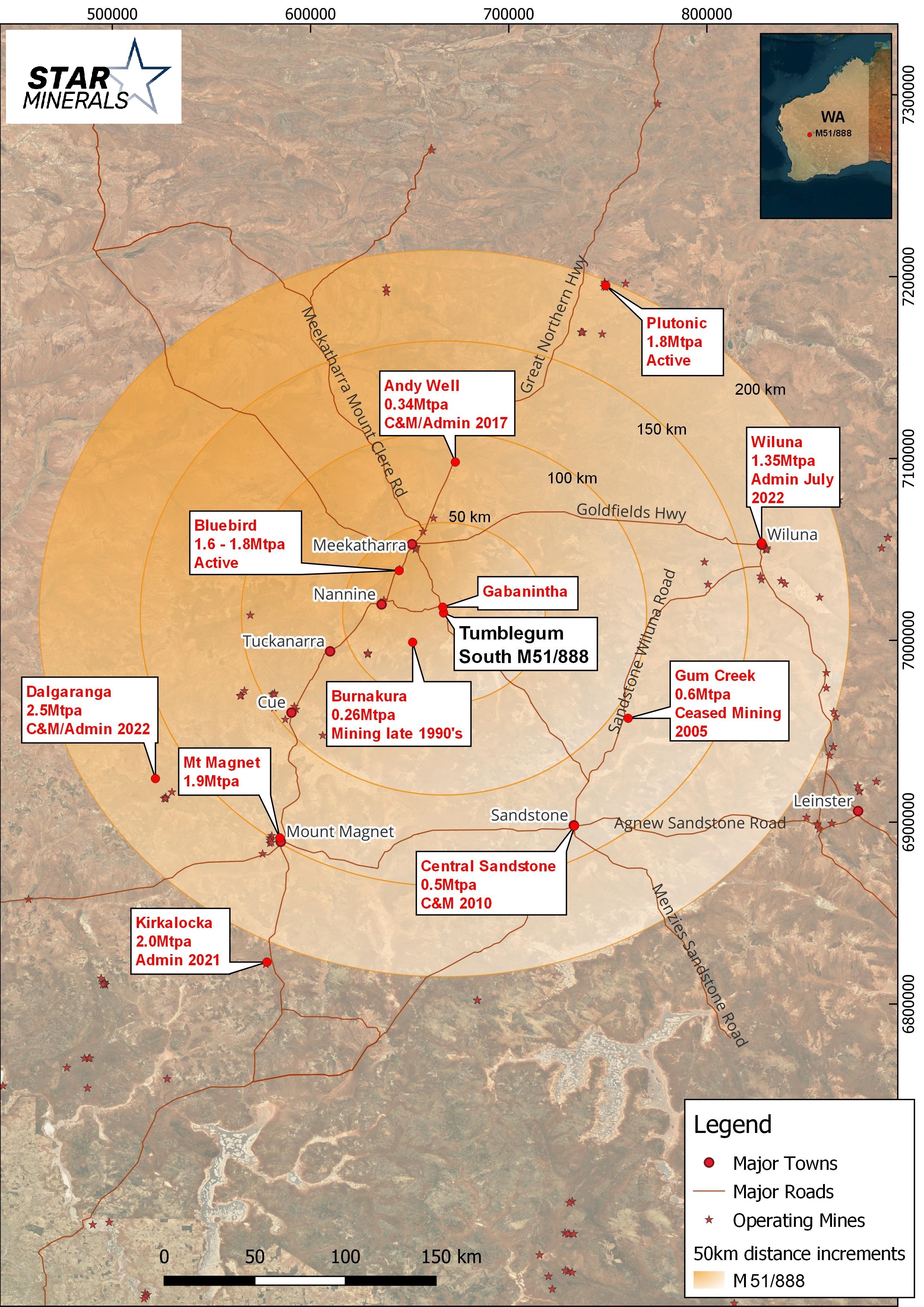 Star Minerals Tumblegum South Gold Project Location map and relevant infrastructure in the area.
